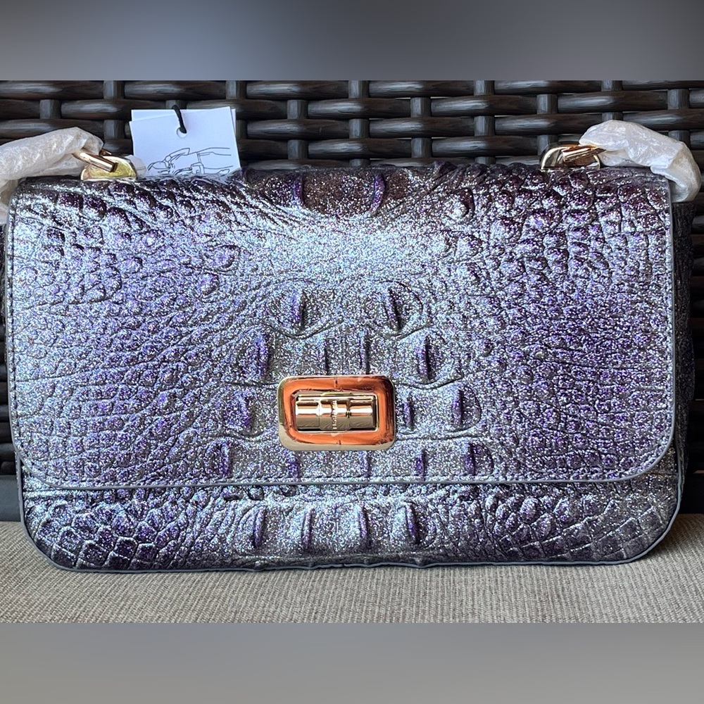 NWT Brahmin ROSA in PURPLE GLITTER Convertible Chain & Leather Strap Bag